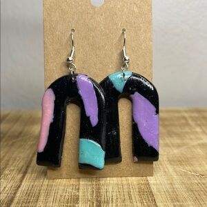 Unique Black & Multicolor Arch Dangle Earrings - Handmade Polymer Clay
